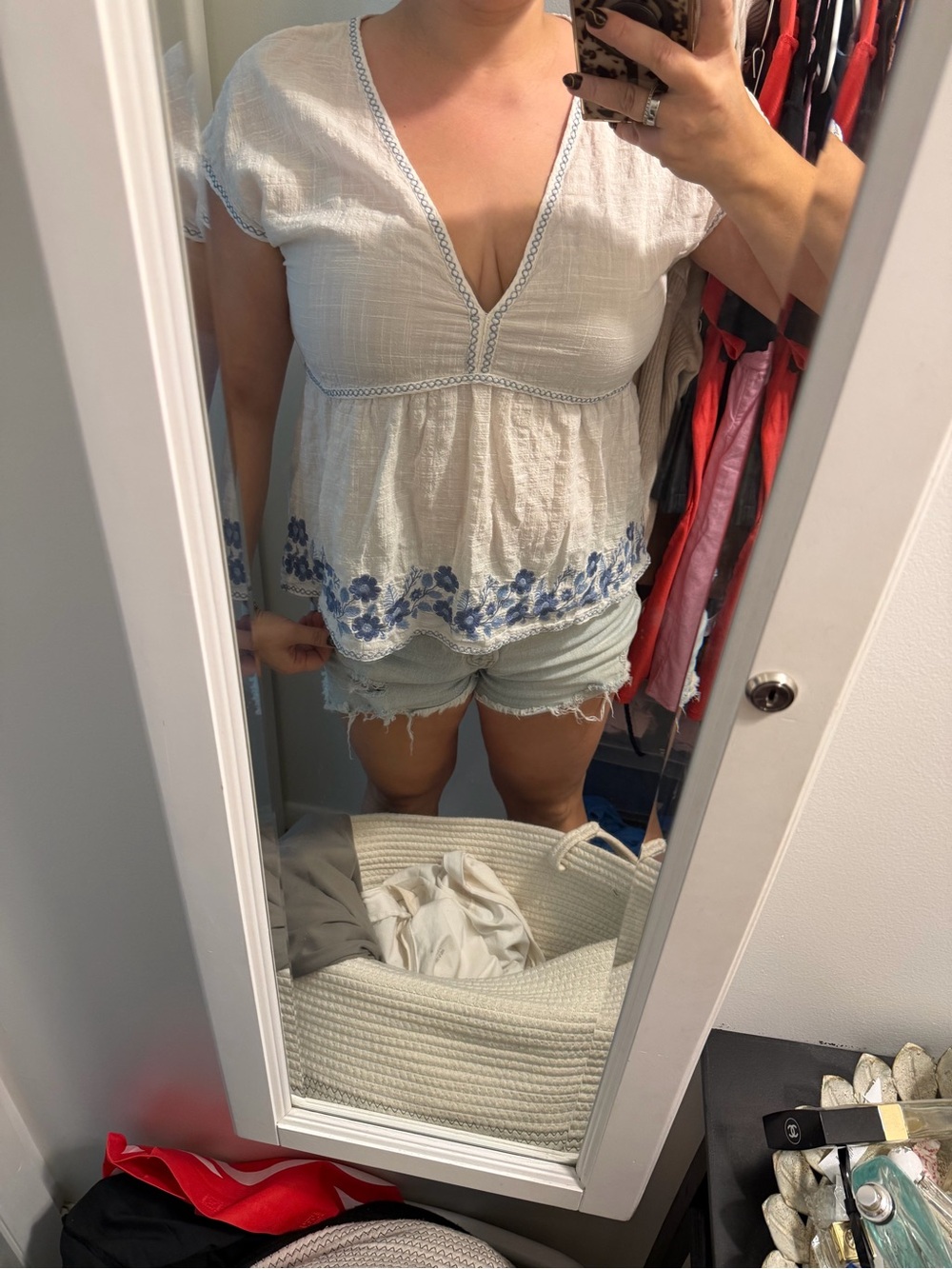 Max Studio White Peasant Top with Blue Floral Embroidery